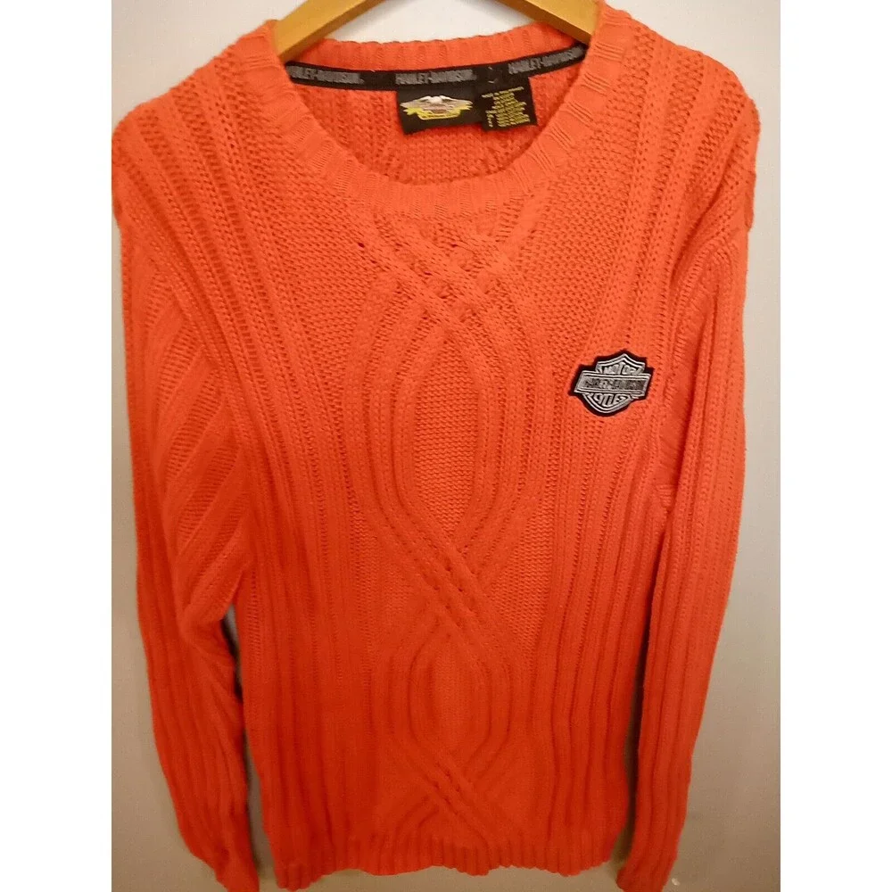 Harley Davidson‎ Pull Over Sweater Mens Heavy Cable Knit Orange Small